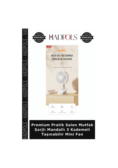 Premium Pratik Salon Mutfak Şarjlı Mandallı 3 Kademeli Taşınabilir Mini Fan