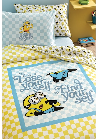 Puffy Minions Gingham %100 Pamuk Tek Kişilik Nevresim Takımı - Sarı