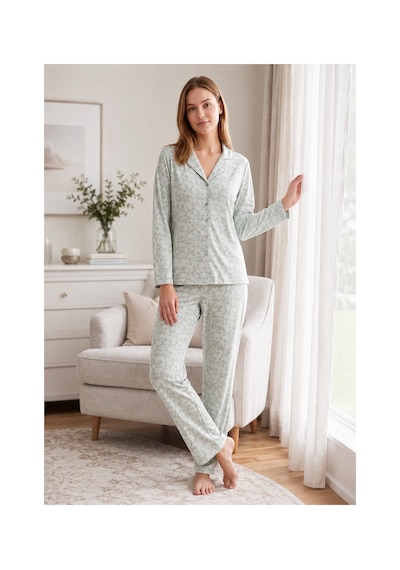 Flz Kadın Kışlık Viskon Pijama Takımı M L Xl Xxl Uzun Kollu Boydan Düğmeli Şık Ev Giyim 89-164 Mint