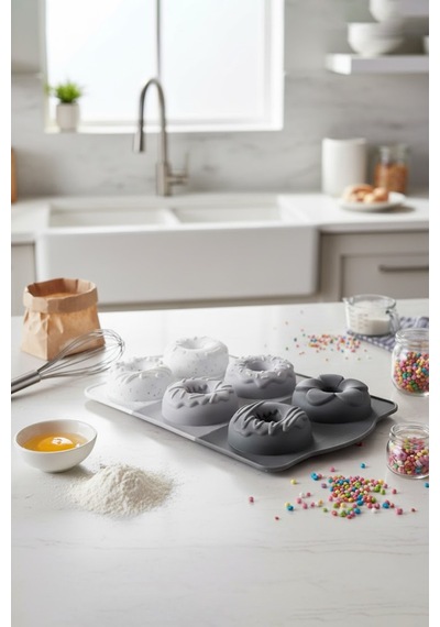 6'lı Silikon Donut Kalıbı Kek Kalıbı Ve Kurabiye Kalıp Seti Çok Amaçlı Pişirme Kalıbı Grı
