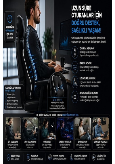 Posture Support Aircore Ergonomik Lomber Bel Destek Minderi Siyah