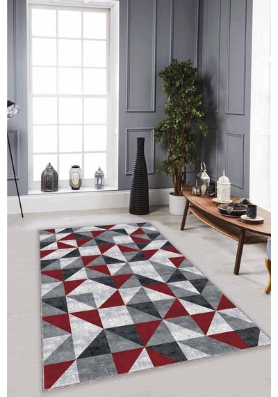 Kırmızı Geometrik Kaymaz Tabanlı Dekoratif Halı Pr01n11