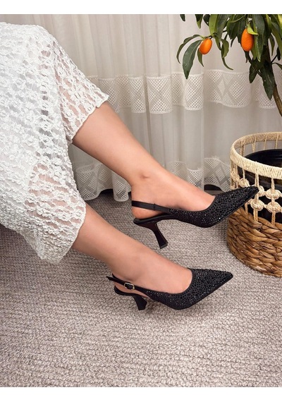 Asmi Shoes Kadın Monica Siyah Taşlı 7 Cm İnce Topuklu Ayakkabı & Stiletto