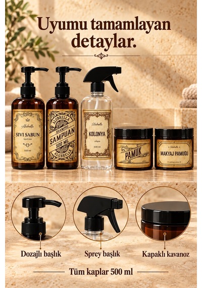 Alubrella 500 Ml Amber Pompalı Şişe, 2 Kapaklı Kavanoz Ve Şeffaf Sprey Şişe Etiketli Set
