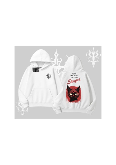 Tarzsokak Gotik Kedi Arka Baskılı Kapşonlu Sweatshirt Beyaz