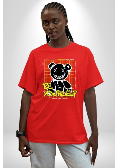 Kendin Ol Pamuklu Bisiklet Yaka Unisex Oversize Boyfriend Dijital Baskılı Kırmızı T-shirt Kırmızı