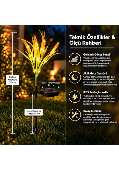 1 Adet Güneş Enerjili Buğday Başak Solar Bahçe Lambası, Sensörlü Sıcak Sarı Led, Dış Mekan Çim Yol Peyzaj Aydınlatması, Slrs202