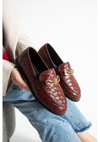 Lebibe Shoes Maby Kadın Bordo Örgü Dokulu Zincir Detaylı Loafer Düz Ayakkabı Babet