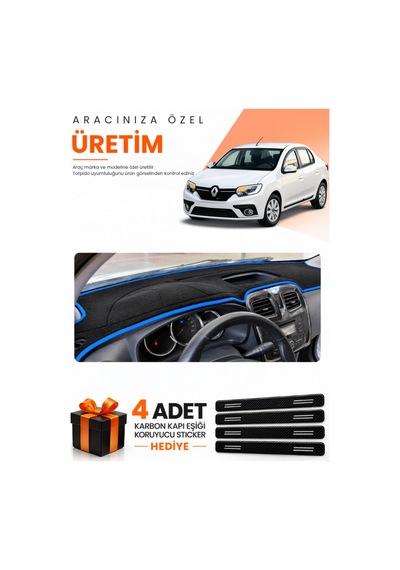 Renault Symbol Kısa Tip 1 2013-2021 Uyumlu Torpido Koruma Örtüsü Oto Kılıfı - Siyah Mavi