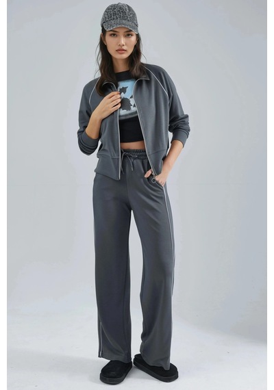 Fiolin Modal Dokulu Fermuarlı Sweatshirt & Pantolon İkili Takım Füme