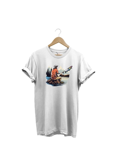 Fishing Balıkçılık Baskılı Olta Ile Alabalık Avı %100 Pamuk Regular Fit Beyaz T-shirt Beyaz