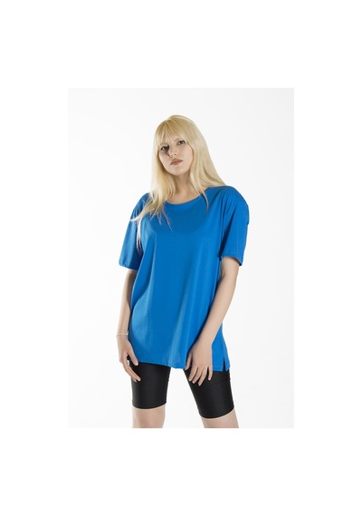 Kadın Mavi Basic Bisiklet Yaka Oversize Pamuklu T-shirt Mavi