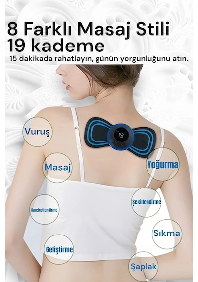 8 Modlu Mini Şarjlı Kelebek Lcd Ekran Ems Boyun Omuz Kol Sırt Elektrikli Masaj Bantı Stimülatörü Mavi 54769594