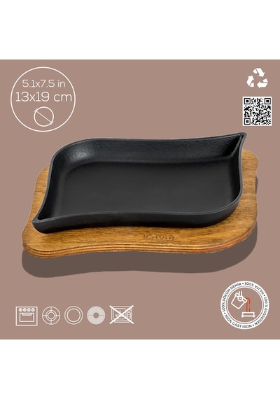 Lava Döküm Dikdörtgen Servis Tabağı Ve Ahşap Altlığı. Ölçü 13x19cm.