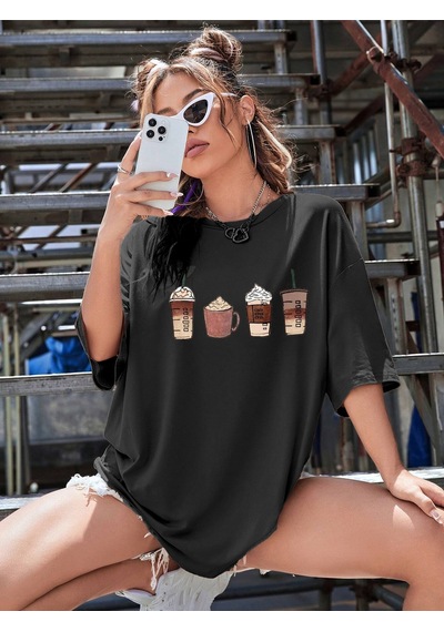 Coffe Süprem T-shirt - Siyah Baskılı Oversize Bisiklet Yaka Kısa Kol Tişört Siyah