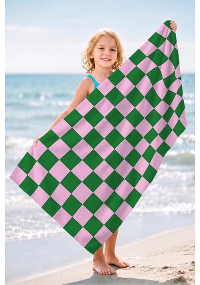 Damalı Kareli Pembe Yeşil Plaj Havlusu - Modern Retro Geometrik Hızlı Kuruyan Mikrofiber Havlu Örtü Çok Renkli