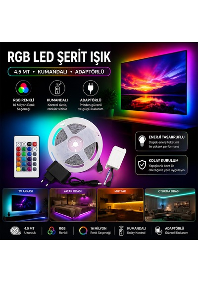4.5 M Rgb Led Şerit 54 Led/m Kumandalı Adaptörlü Diğer