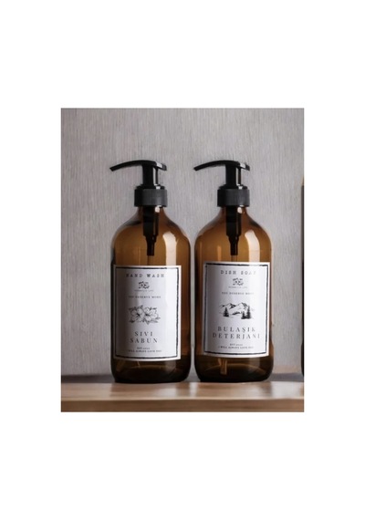 Ahşap Standlı 500ml Amber Cam Sabunluk Set Mutfak Sabunluk Set Kahverengi Kahverengi