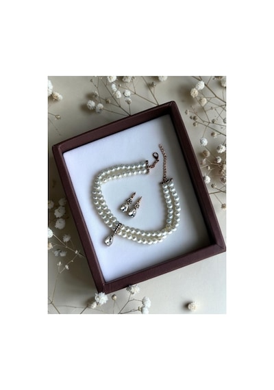 Zirkon Taşlı Su Damlası Sallantılı Tasma Choker İnci Kolye Ve Küpe Seti Düğün Nikah Kına Beyaz