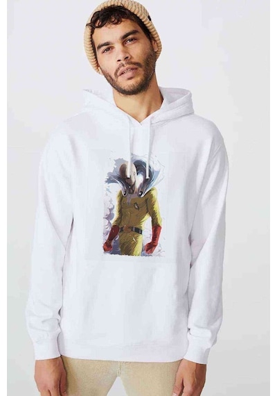 Anime One Punch Man Baskılı Beyaz Erkek Kapşonlu Sweatshirt (531042852)