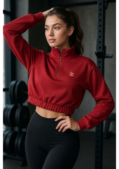 Kadın Fermuar Yaka Detaylı Crop Lastikli Rahat Kalıp Sweatshirt Kırmızı