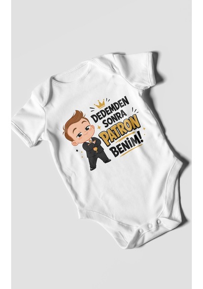 Morivokids Dedemden Sonra Patron Benim Kısa Kollu Bebek Body %100 Pamuk Beyaz