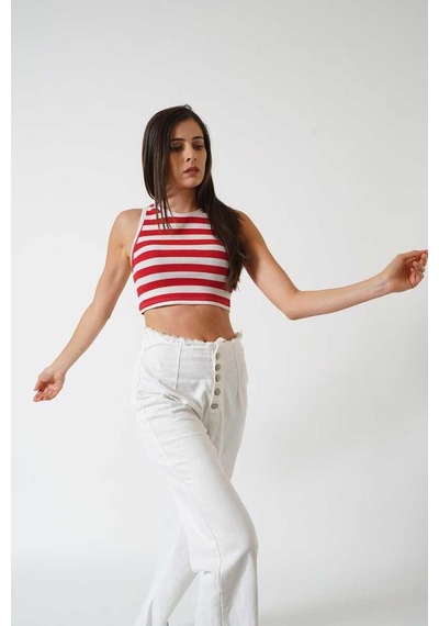 Ckm Moda Adrian Yüksek Kalite Kadın Yuvarlak Yaka Çizgili Crop Bluz Kırmızı