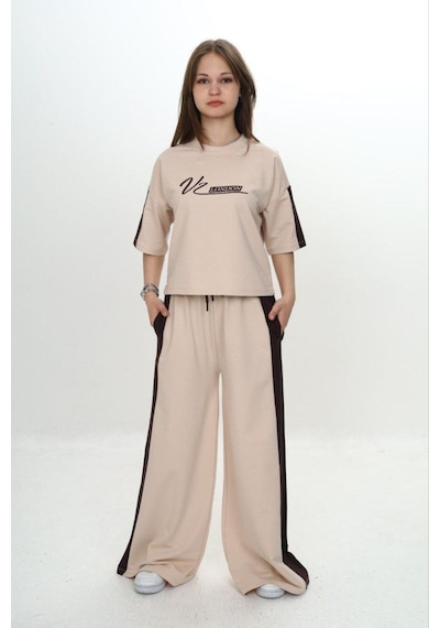 Kız Çocuk %100 Pamuk London Baskılı Oversize Garnili Truvakal Kollu Eşofman Takımı-293-eşt-0010 Bej