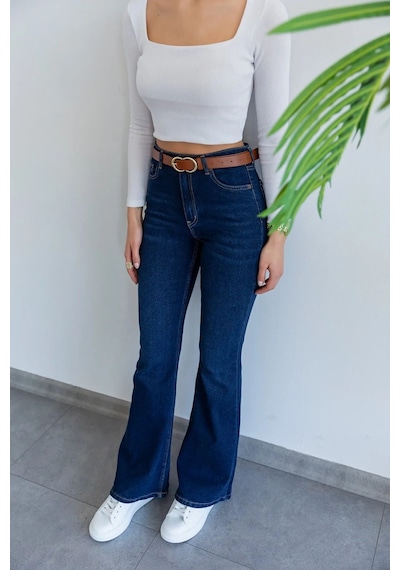 Woddi Pamela Ispanyol Lacivert Kot Yüksek Bel Likralı Ekstra Esnek Flare Jeans Kot Pantolon Laci Vert