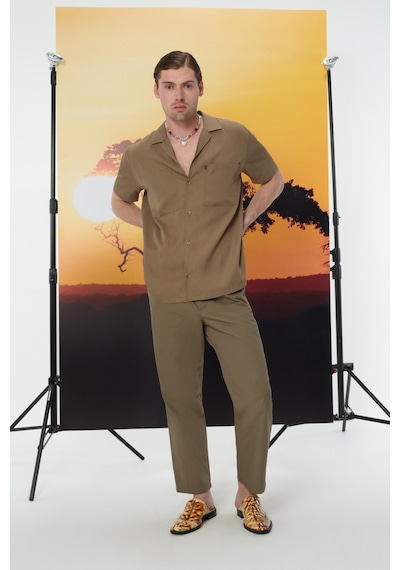 Oversize Fit Erkek Gömlek K.kol haki