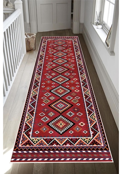 Kırmızı Etnik Kilim Desenli Dijital Baskılı Kaymaz Taban Yıkanabilir Halı
