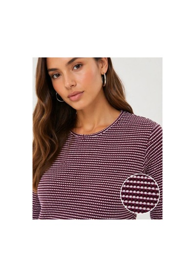 Butik İstanbul Dokulu Çizgili Uzun Kollu Tişört Oval Kesim Basic Rahat Kalıp Bluz - Bordo