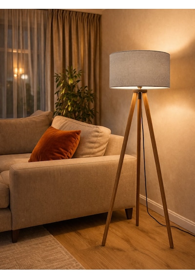 Tripod Lambader 3 Ayaklı Ahşap Vizon Abajur Kumaş Başlık Köşe Aydınlatma