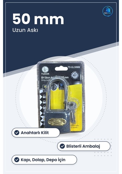 Asma Kilit Uzun Gri 50 Mm Anahtarlı Blisterli Güvenlik Kilidi Kap