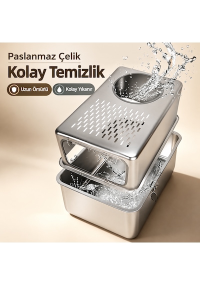 Techtic Paslanmaz Metal Kedi Tuvaleti Metal Kum Kabı Çift Girişli Kapalı Kedi-evcil Hayvan Tuvaleti