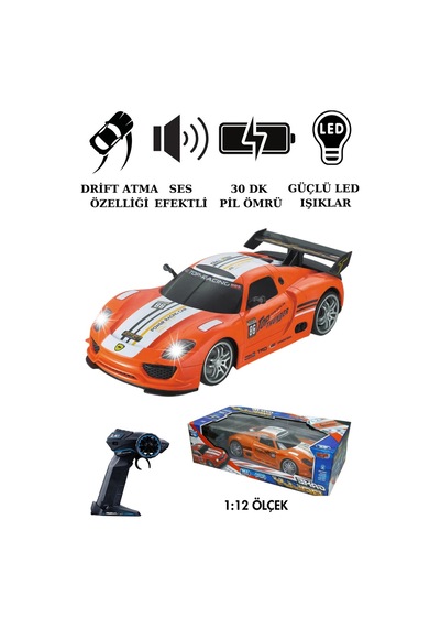 1:12 Ölçek Uzaktan Kumandalı Şarjlı Drift Arabası - Büyük Boy Işıklı Ve Sesli Yarış Arabası Turuncu Beyaz