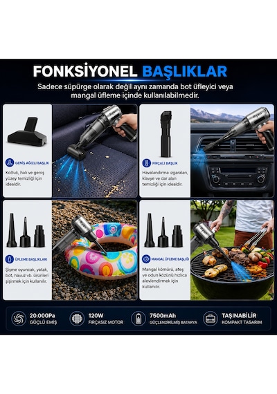 120w Şarjlı Araç Süpürgesi 20.000pa Güçlü Emiş 7500mah El Süpürgesi Üfleyici 3 Filtreli Ry-vc20