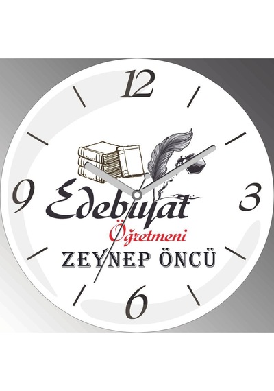 Kişiye Özel Edebiyat Öğretmeni Çap 30cm Sessiz Akar Bombeli Gerçek Cam Duvar Saati Siyah