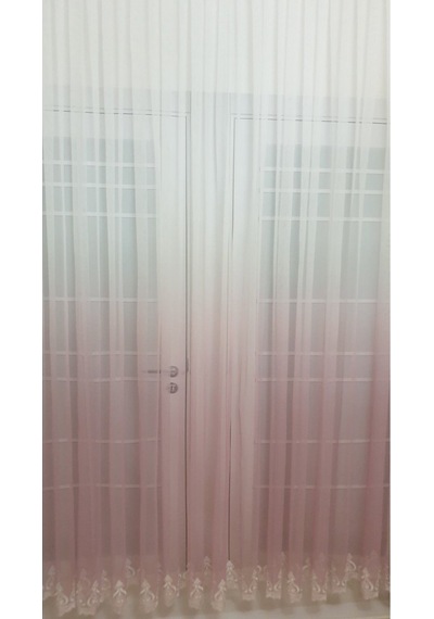 Pudra Renk Geçişli Etek Nakışlı Degrade Pileli Tül Perde 3 Kat