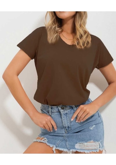 Kozia Outdoors Malkoçbey Baskısız V Yaka Oversize Unisex Basic T-şhirt Kahverengi Kahverengi