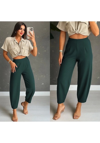 Defymoda Kadın Yüksek Bel Krep Pantolon Yeşil