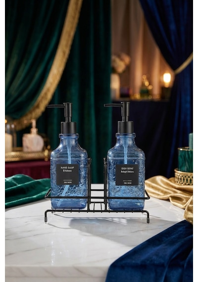 Makri Home Modern Kabartma Desenli Cam Ikili Sıvı Sabunluk & Deterjanlık Seti, Mavi - 500 Ml Cam Sabunluk Mavi