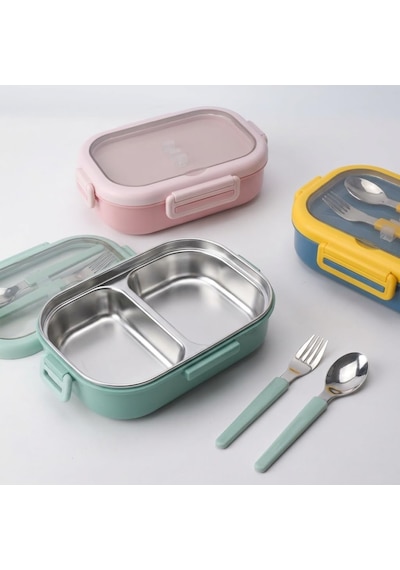 Deconox Paslanmaz Çelik Yemek Kabı 800 Ml, 2 Bölmeli Lunch Box, Çatal Kaşık Dahil, Kilitli Kapaklı Saklama Ve Taşıma Kabı, 21x15x6,6 Cm, Pembe/mavi/yeşil Çok Renkli