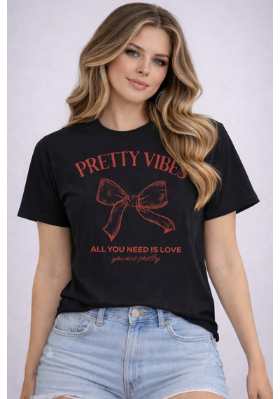 Herkesemoda Pretty Vibes Baskı Detaylı Basic T-shirt Siyah