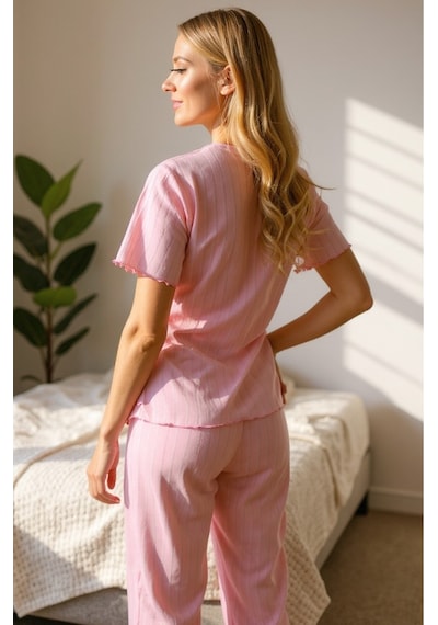 Bella Notte Mevsimlik V Yaka Pamuklu Fiyonk Detaylı Pijama Takımı Pembe