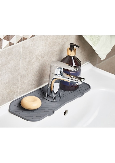 Mainshop Su Tutucu Musluk Mat Lavabo Için Silikon Esnek Musluk Tutucu Raf Mutfak Tezgahı Koruma Gri