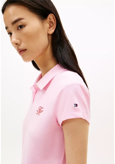 Kadın Slim Fit Göğsünde Logo İşlemeli Pamuklu Kısa Kollu Pembe Polo Yaka T-shirt Pembe