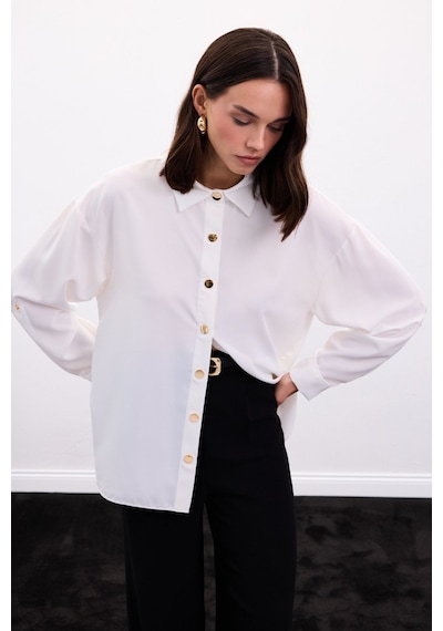 Sateen Çıtçıt Detaylı Gömlek - Ekru-136898 ekru
