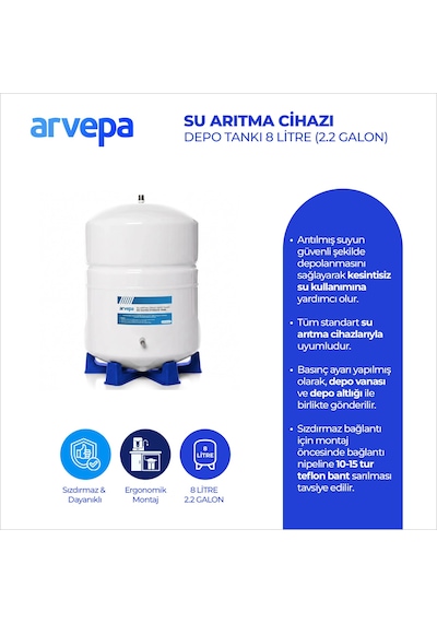 Arvepa Su Arıtma Cihazı 8 Litre (2.2 Galon) Çelik Depo Tankı - Uzun Ömürlü (Vana ve Altlık Dahil)