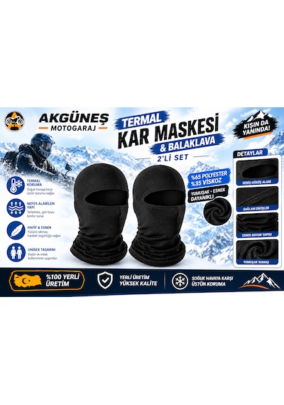 Akgüneş Motogaraj Termal Kar Maskesi Balaklava 2'li Set Motosiklet Kışlık Soğuk Hava Koruyucu 2 Adet Siyah